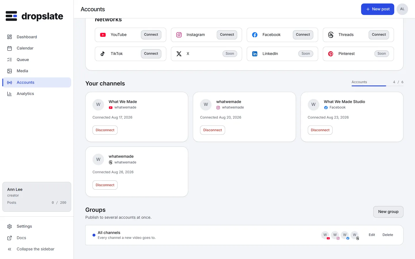 The Groups section of the Accounts page: the heading, New group, and one group, All channels, with its four accounts and Edit and Delete.