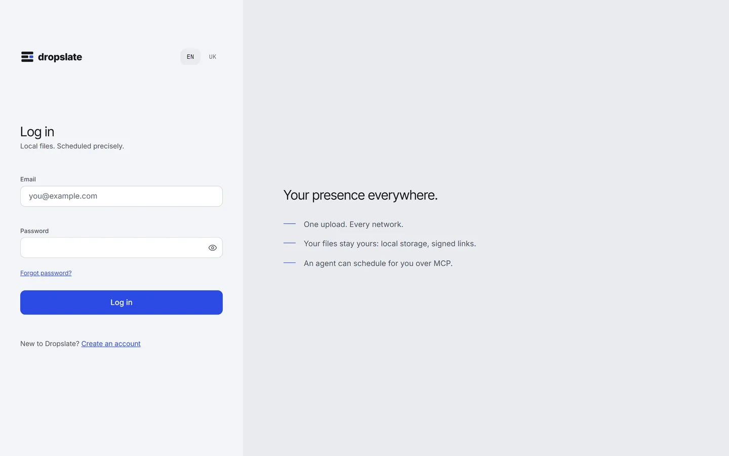The Dropslate sign-in page: Continue with Google, email and password fields, Forgot password and a Sign in button.