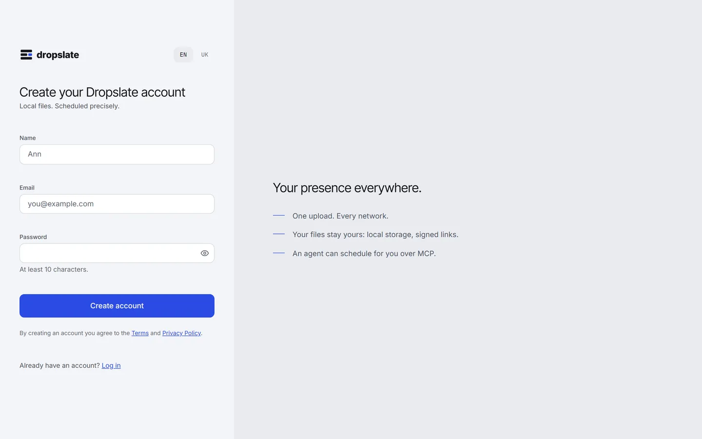 The Dropslate sign-up page: Continue with Google, then name, email and password fields, and a Create account button.