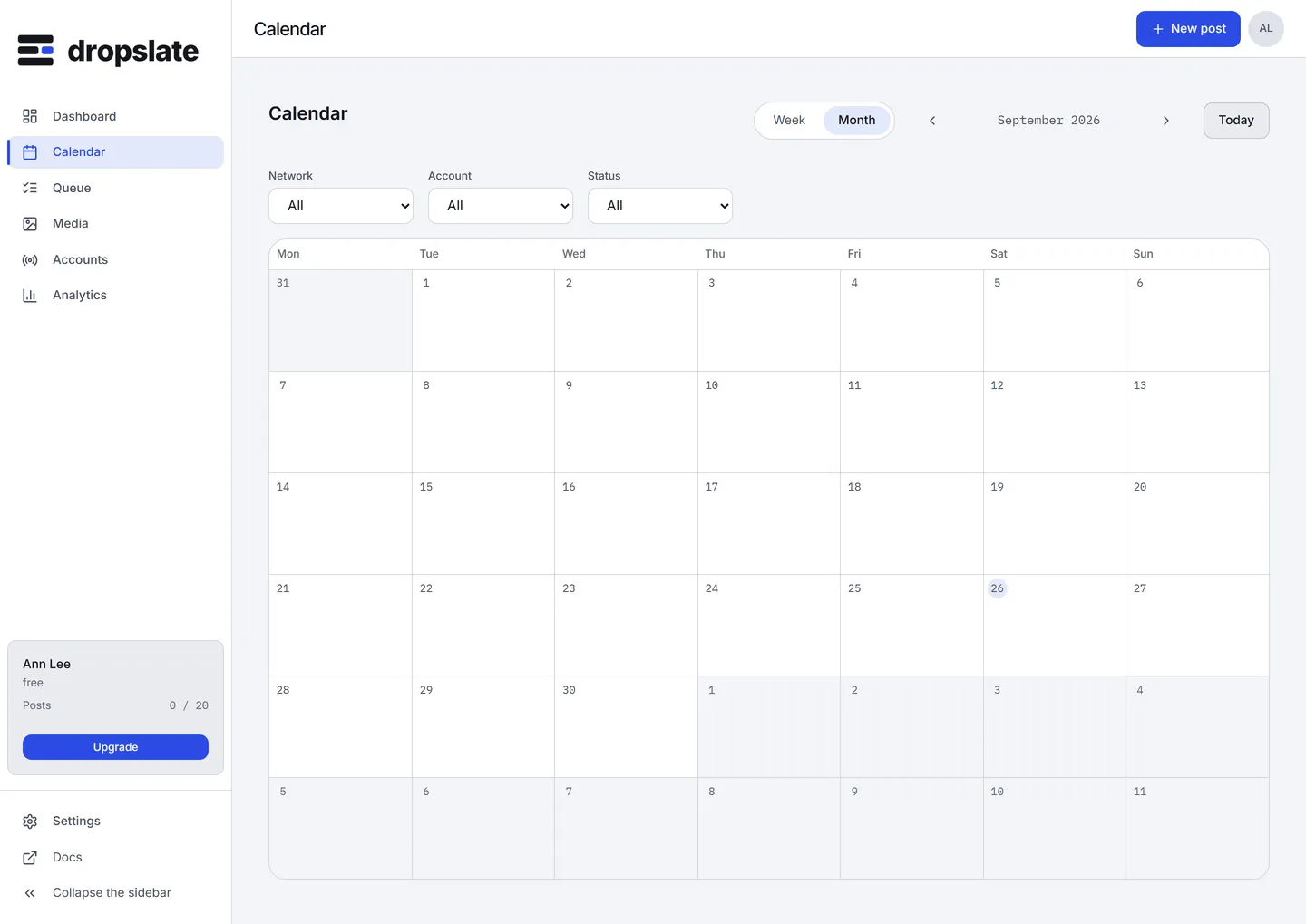 The Calendar in Month view with Network, Account and Status filters, a Today button and Week/Month toggles.