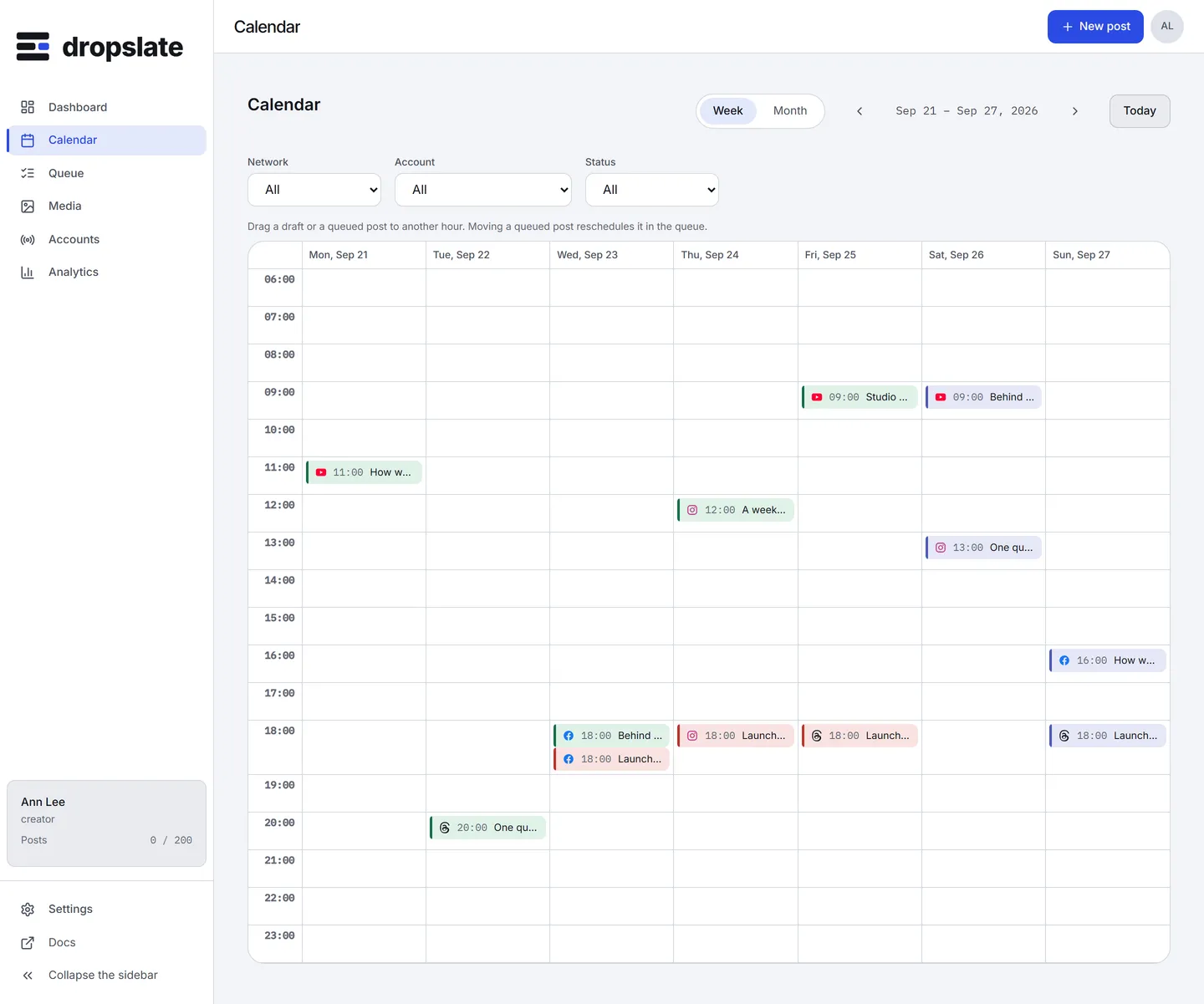 The Calendar in Week view with an hour column and posts placed at their times.