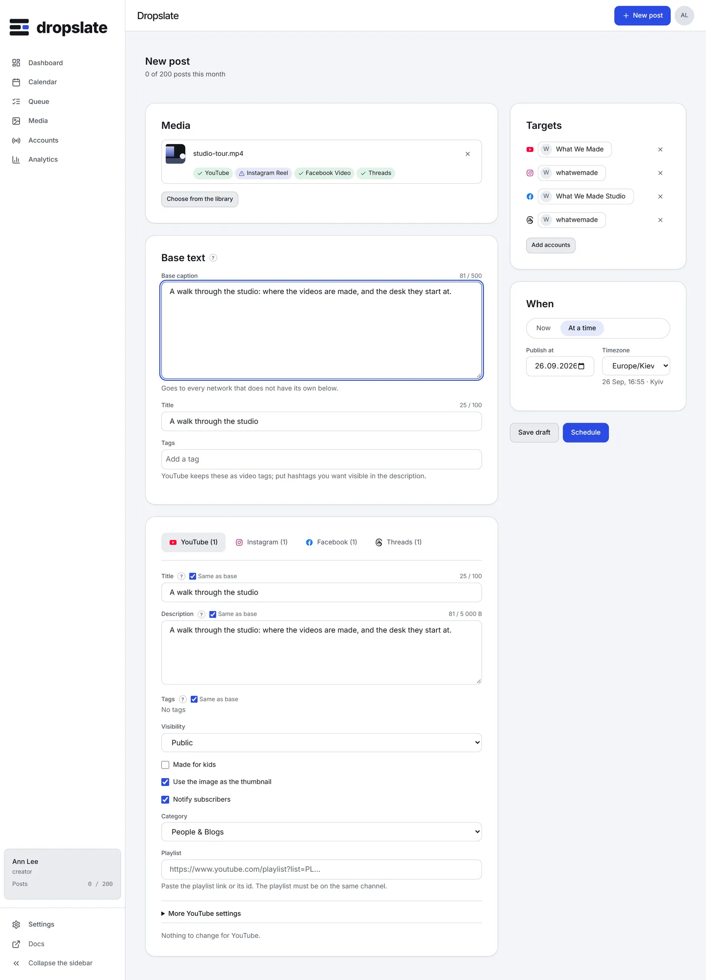 The composer: a Media card, a Base text field with a character counter, Targets with four accounts, When, and the YouTube tab with Title and Tags.