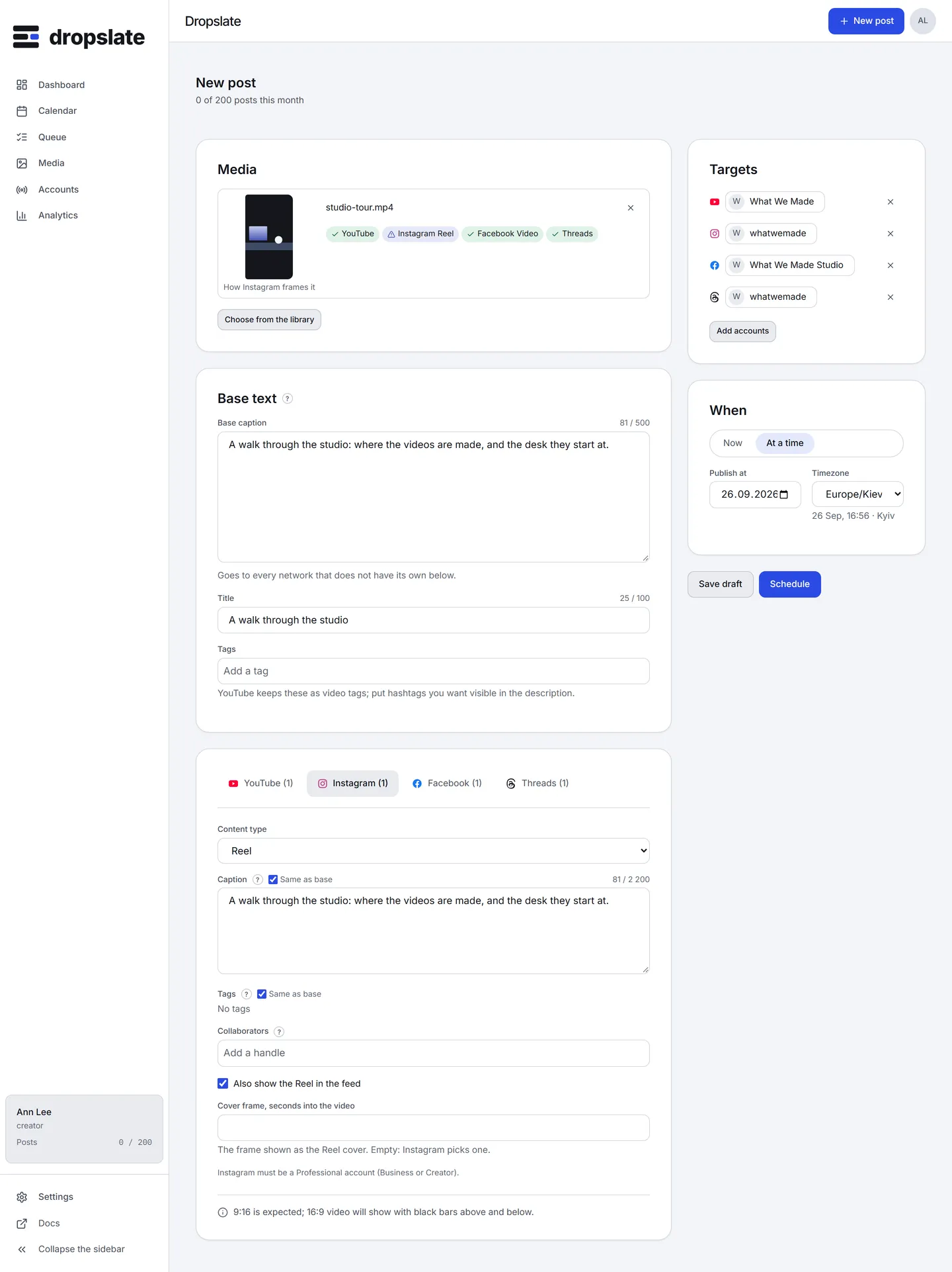 The Instagram tab in the composer: Content type (Reel, Post, Carousel, Story), Caption with Same as base, Collaborators, Alt text and Cover.