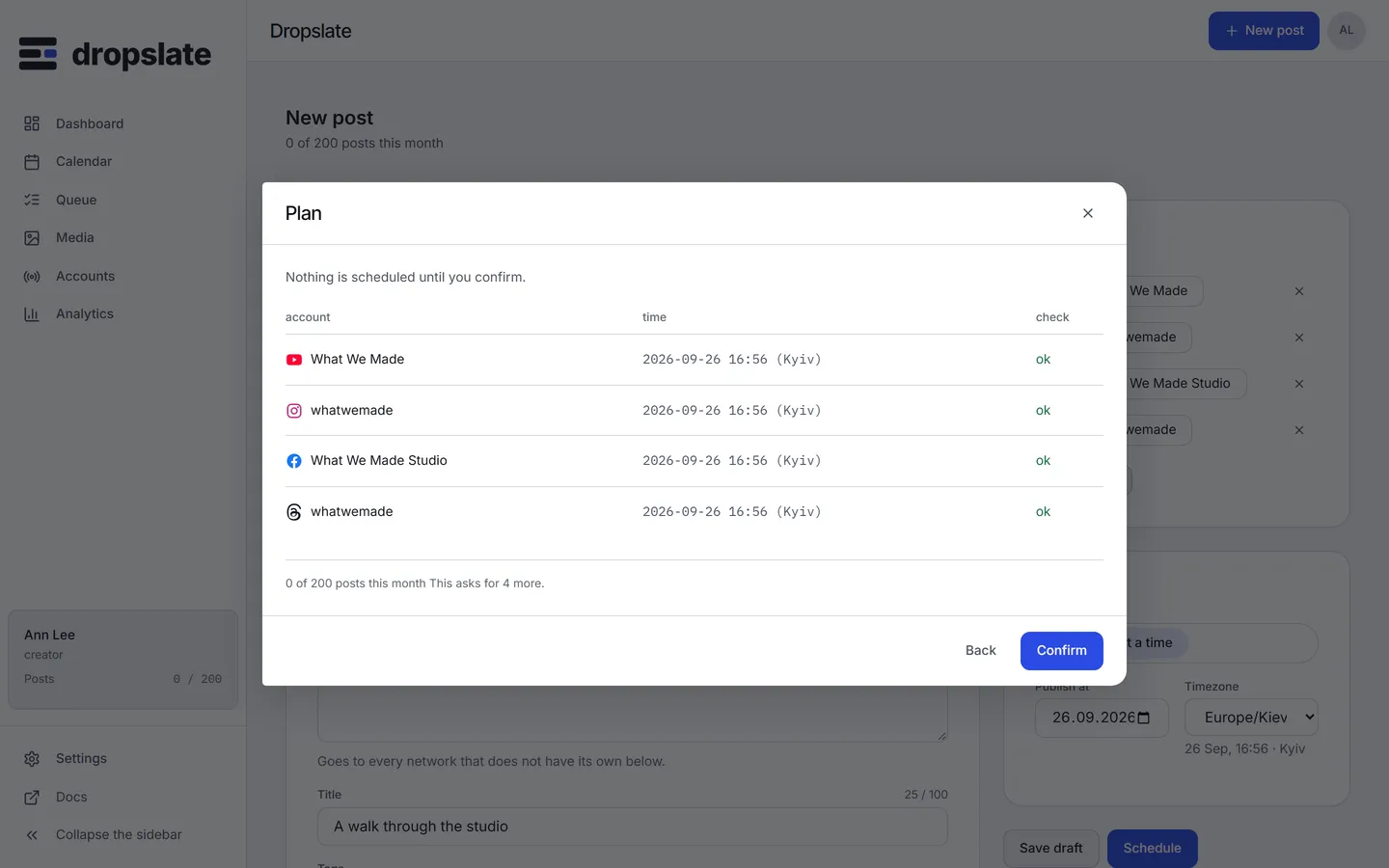 The plan dialog: a table with account, network, time and check columns, one row per account, and a Confirm button.