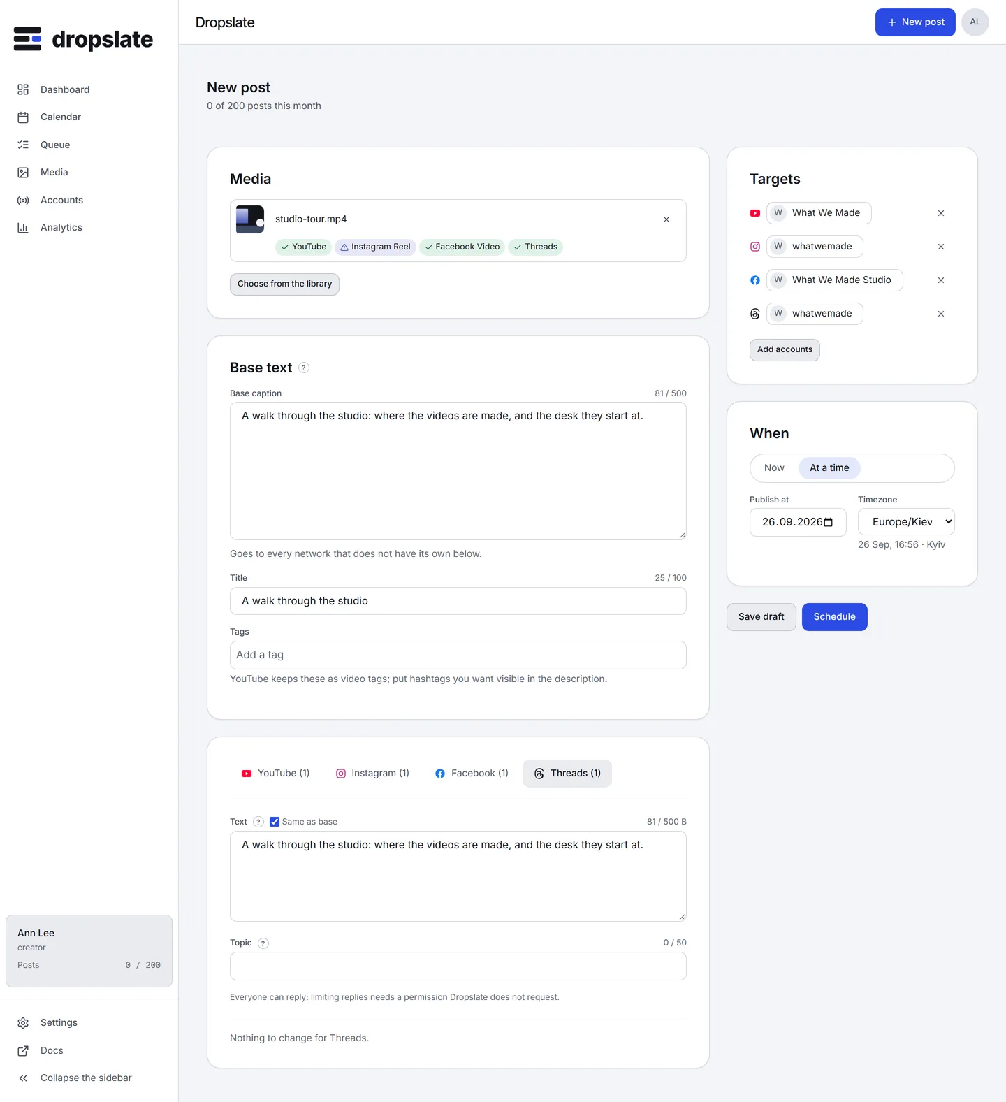 The Threads tab in the composer: Text with a byte-aware counter, Topic, Link attachment and Alt text.