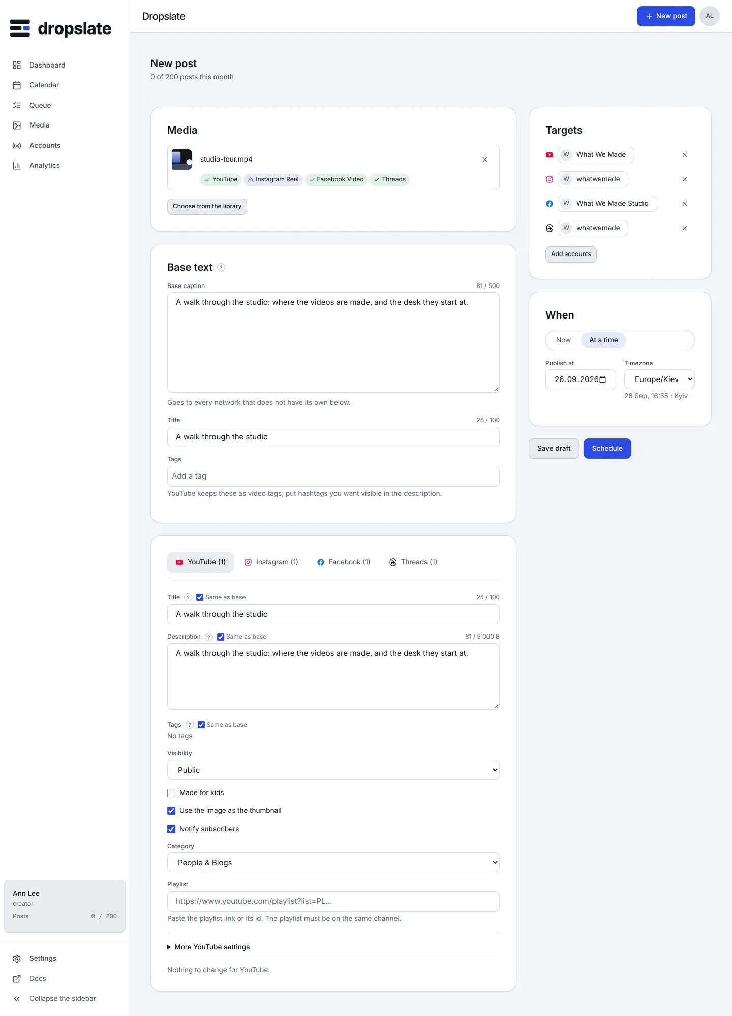 The YouTube tab in the composer: Title, Description and Tags with Same as base toggles, Visibility, Made for kids, a thumbnail choice, Notify subscribers, Category, Playlist and More YouTube settings.