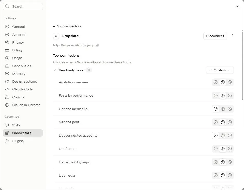 Claude.ai Settings → Connectors with Dropslate added as a custom connector.