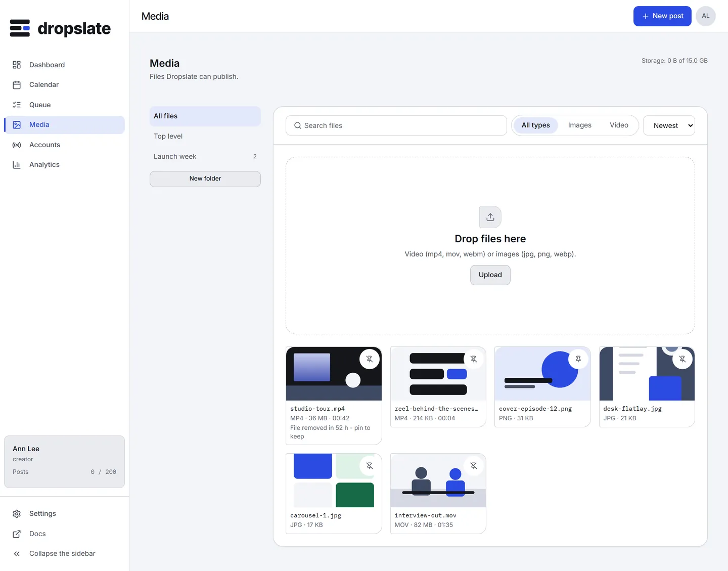 The Media page: folders on the left, a drop zone with an Upload button, Type and Sort filters, and a grid of files with thumbnails and statuses.