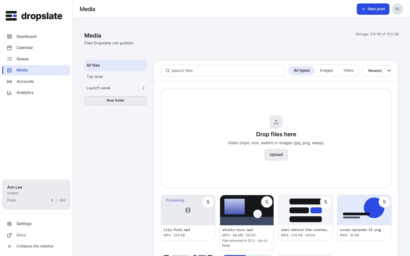 Media right after a file is dropped on the upload zone: the new file's card comes first in the library, marked Processing.