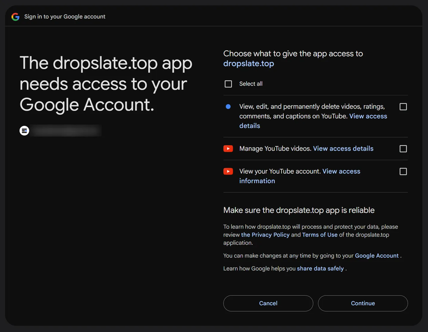 Google's consent screen for Dropslate listing the YouTube permissions requested.