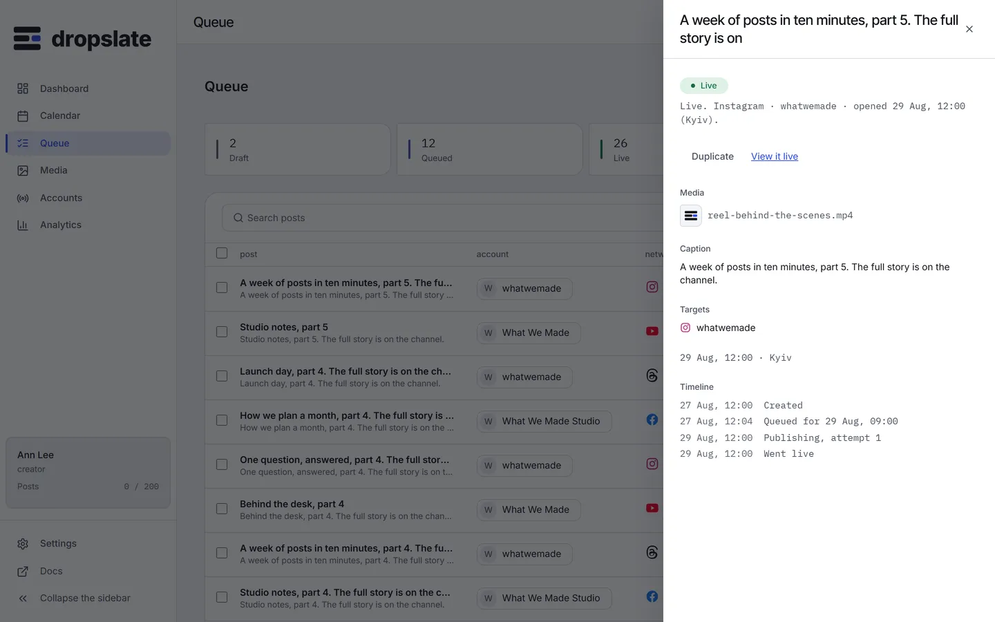 The post drawer of a live post: status line, targets, the timeline of events, the network response and View it live.