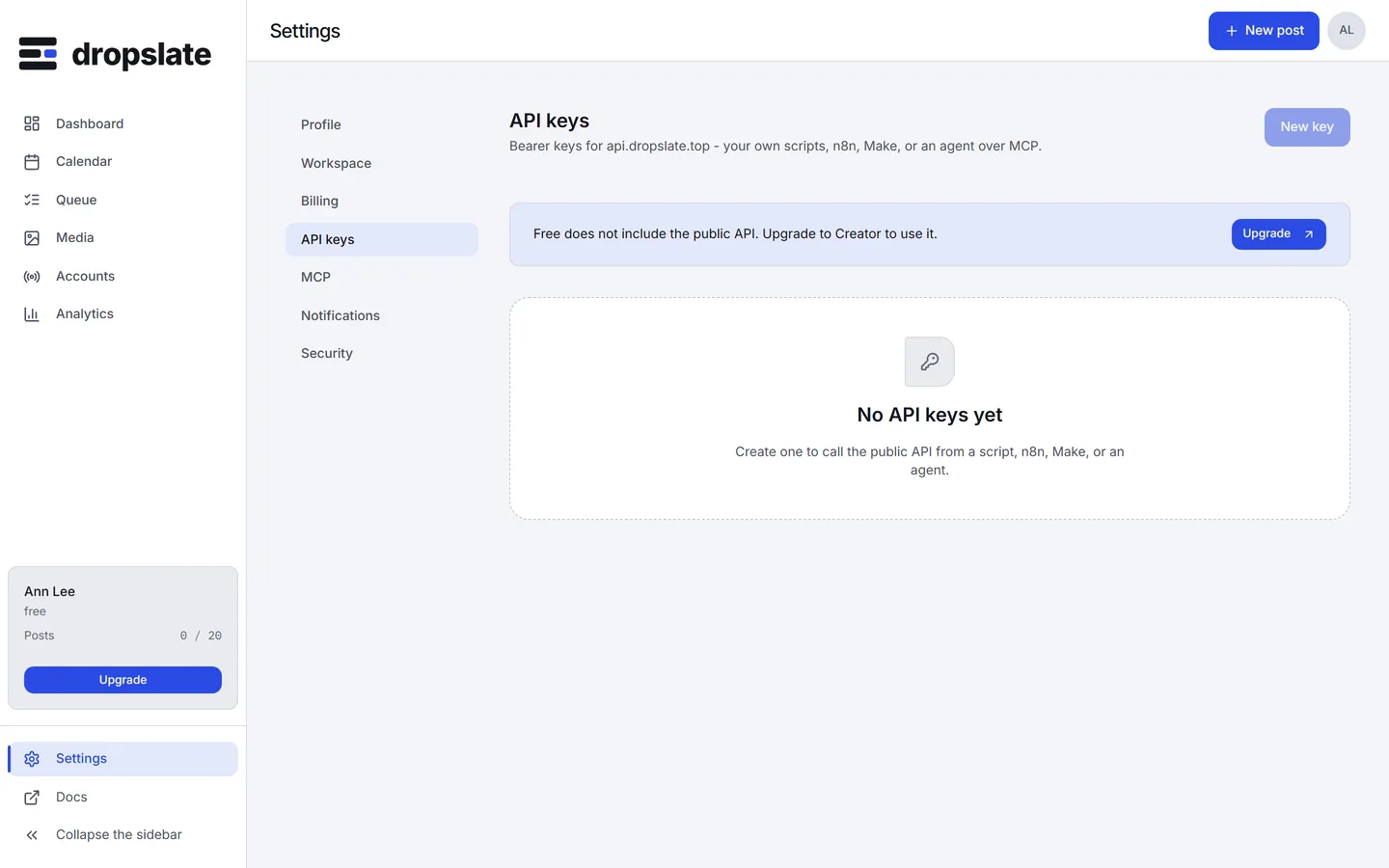 Settings → API keys: the empty state No API keys yet and the New key button.