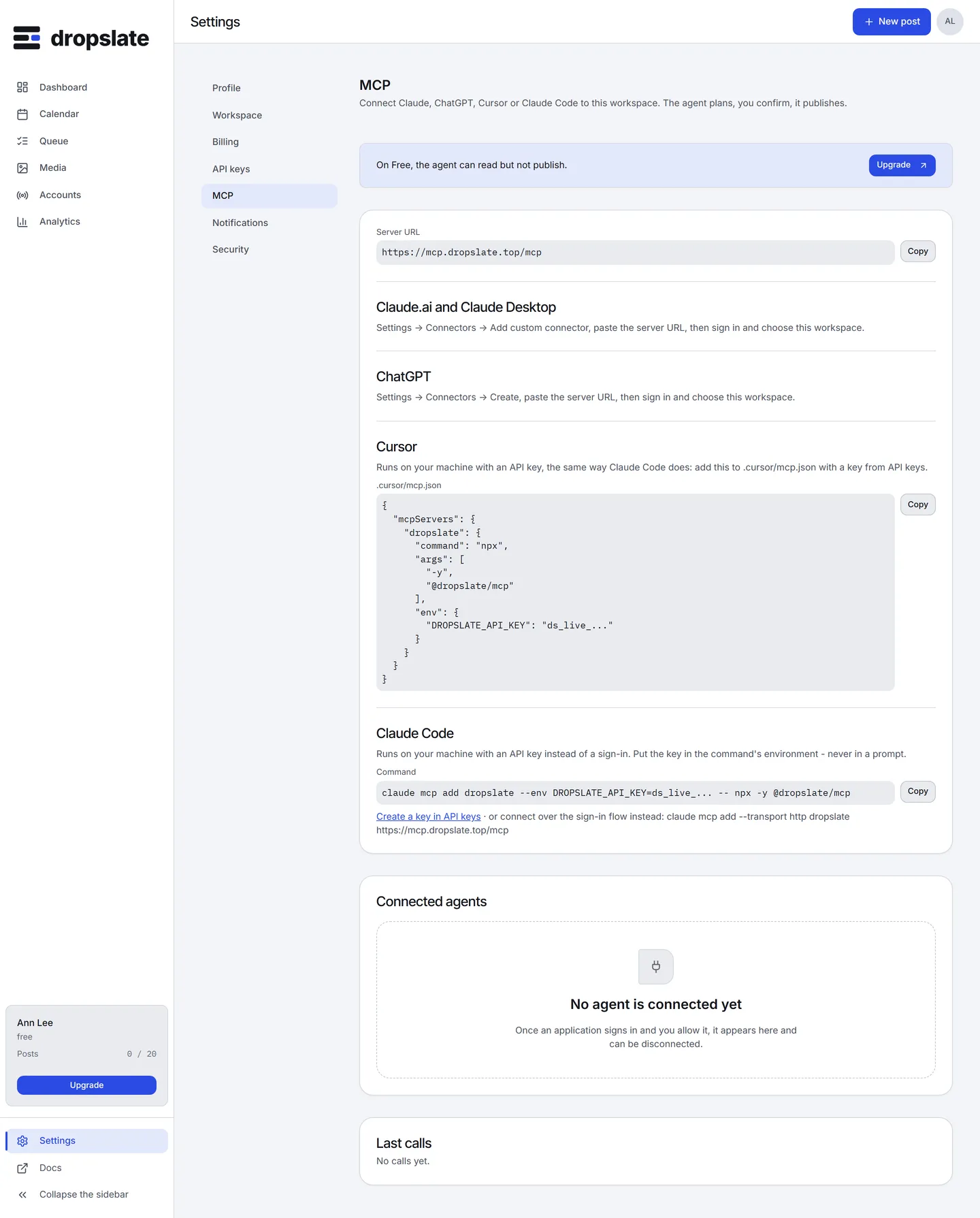 Settings → MCP: the Server URL, instructions per client, a .cursor/mcp.json snippet, the claude mcp add command, and the Connected agents section.