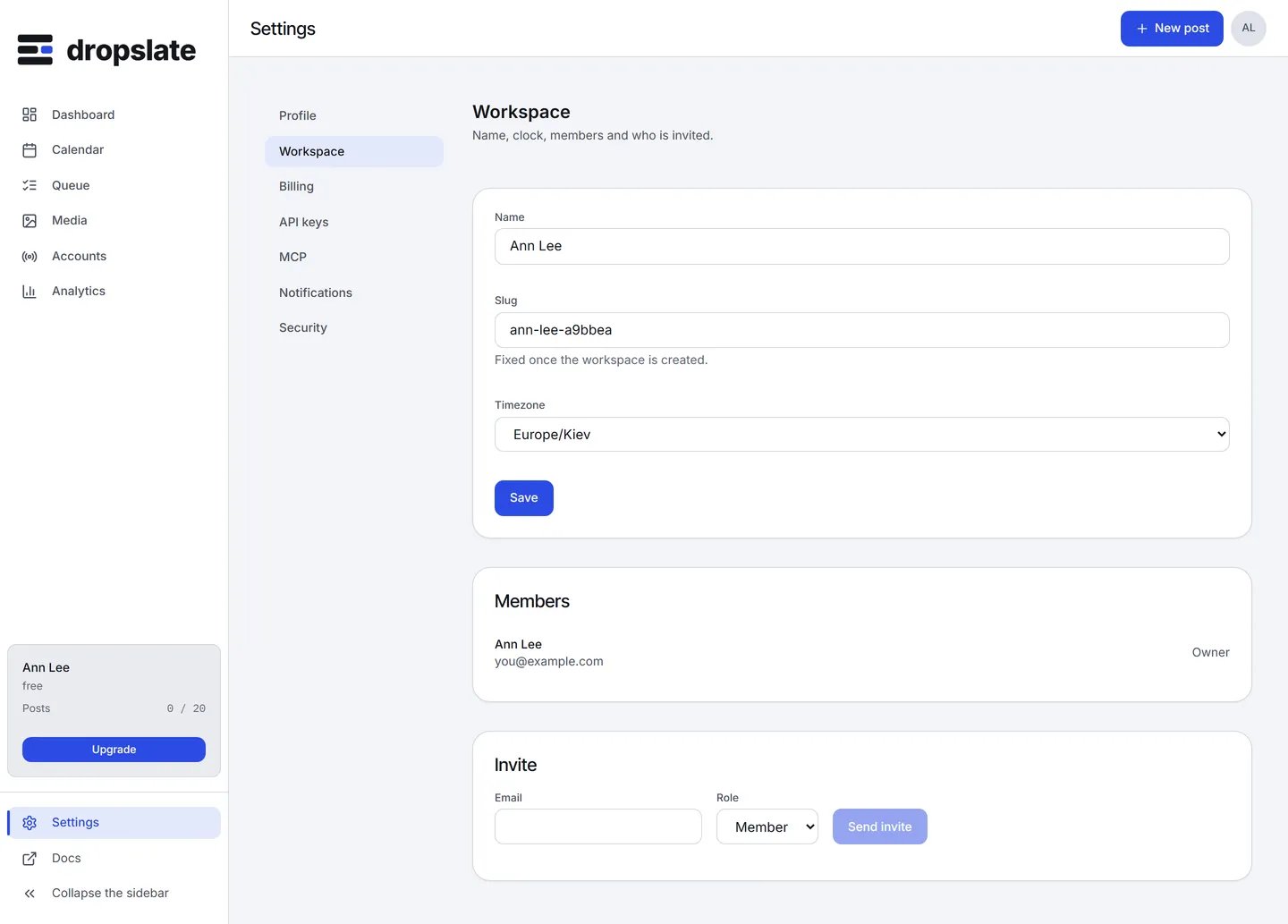 Settings → Workspace: Name, Slug, Timezone, the Members list with roles, and the Invite form.